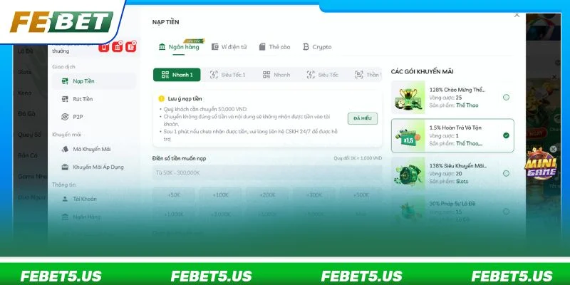 Chỉ vài bước là bạn lập tức có thể nạp tiền vào sảnh cược của FEBET